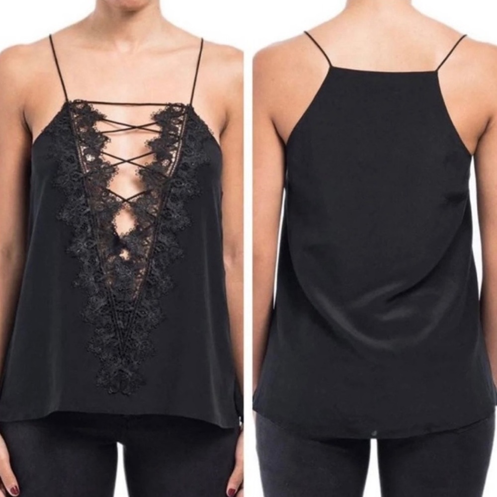 cami nyc - charlie cami tank top deep v-neck lace reversible black 100% silk S